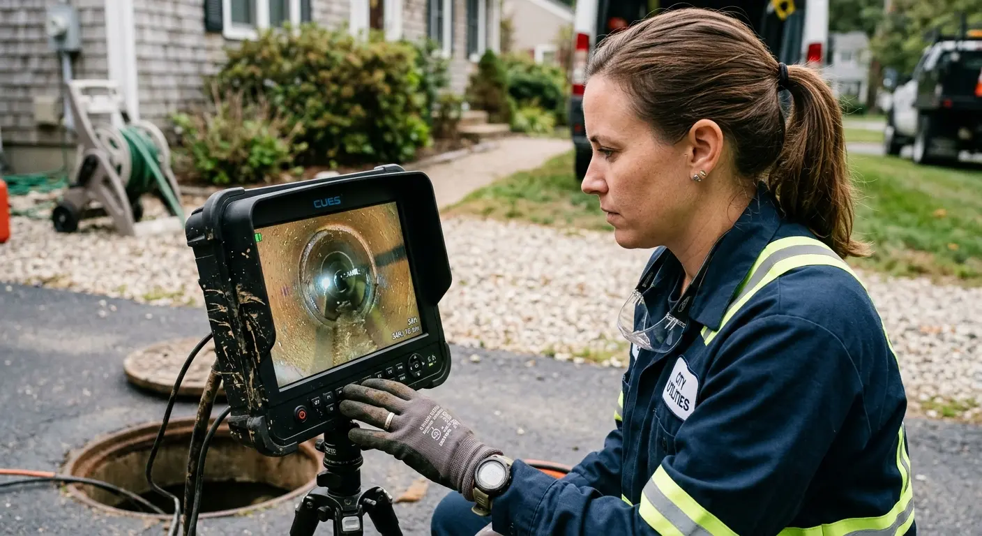 Technician reviewing sewer camera inspection footage in Spring Grove
