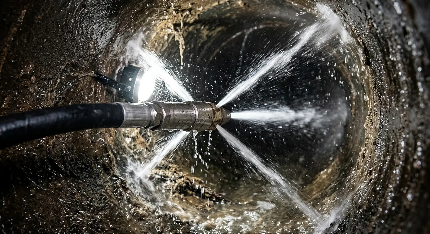 High-pressure hydro jetting nozzle cleaning sewer pipe for Sewer Cleanout in Spring Grove