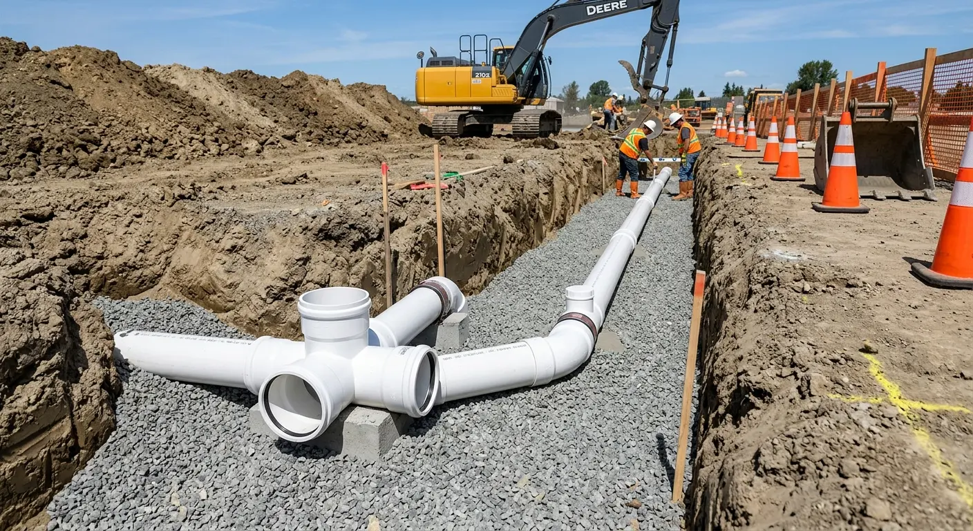 New PVC sewer pipe installation in open trench for Sewer Backup in Spring Grove